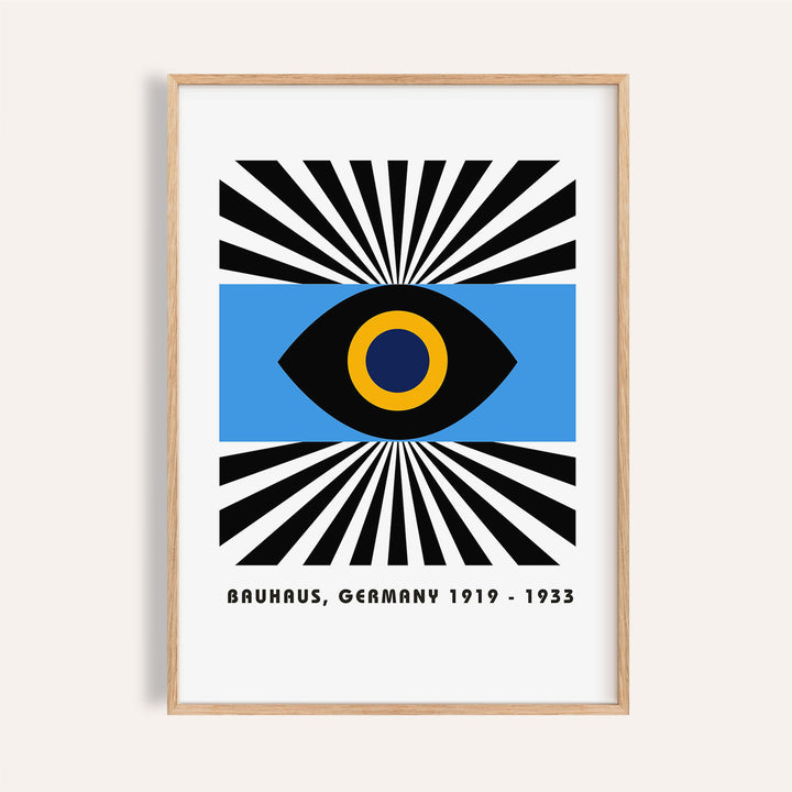 Framed Modern Art Geometric print of an abstract eye with black, blue and yellow shapes