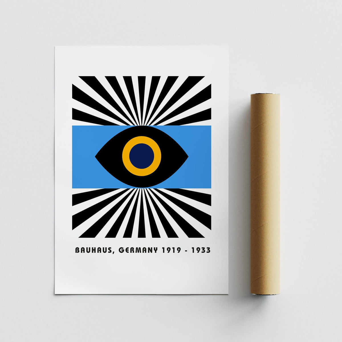 Modern Art Geometric print flat on a white surface with a brown packaging tube beside it