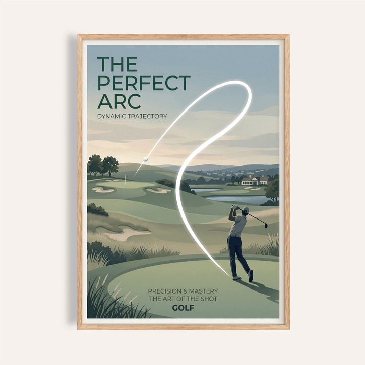 Framed print close-up of golf course wall art with vintage style and muted greens and blues