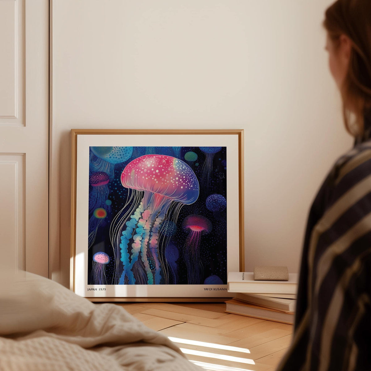 Wall Art Jellyfish print leaning on floor near books with glowing pink and blue jellyfish illustration