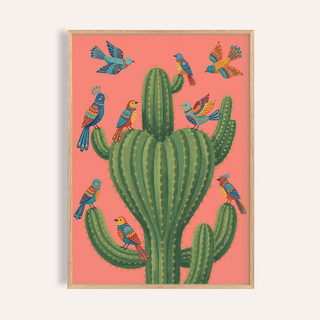 Framed print close-up of Colorful Bird Cactus Art with bright green cactus and vivid birds on a coral background