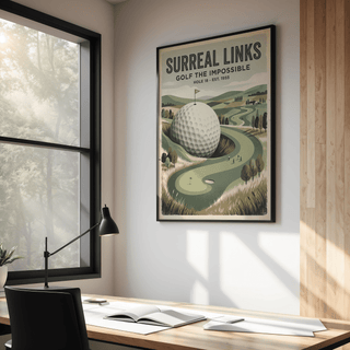 Fantasy Golf wall art surreal vintage illustration of a giant golf ball in green and beige hung above a desk lamp