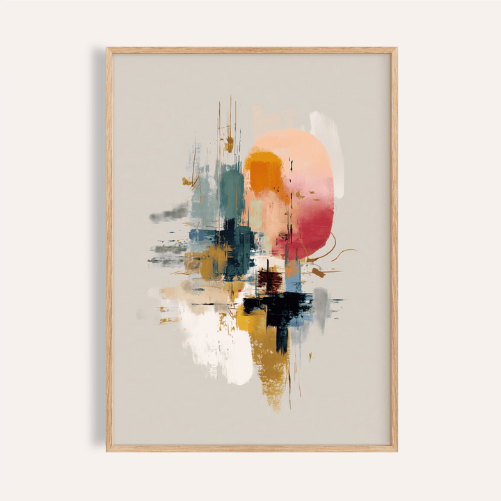 Framed colorful poster print of abstract shapes in muted pink, blue, ochre and white on a grey background