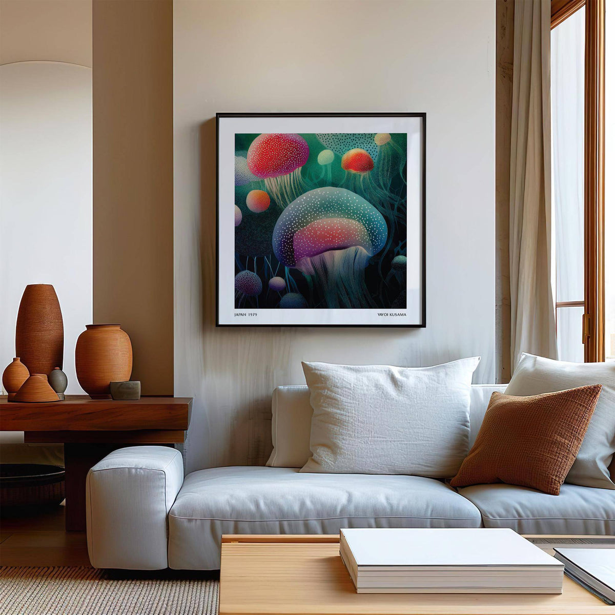 Ocean prints glowing illustration of jellyfish in vibrant colours above a white sofa