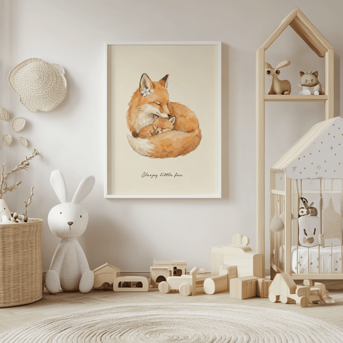 Sleepy Fox Art Print of a mother fox and kit in soft watercolour hung above a children's toy beside a knitted basket