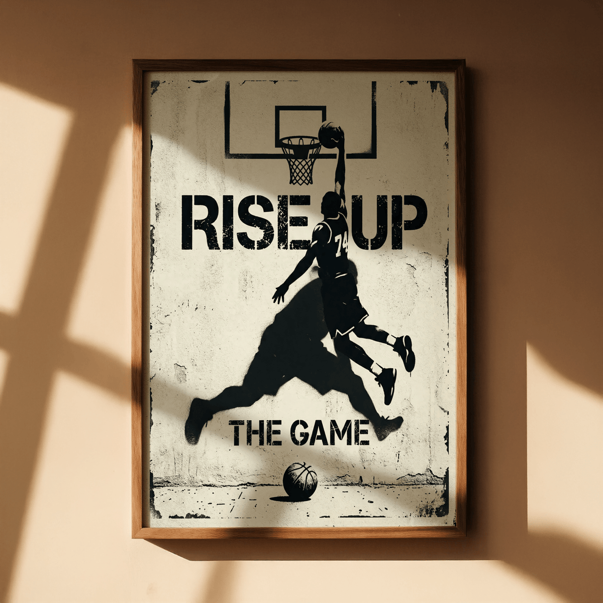 Framed Basketball Rise Up Art Print with a black and white basketball dunk and typographic design in natural light