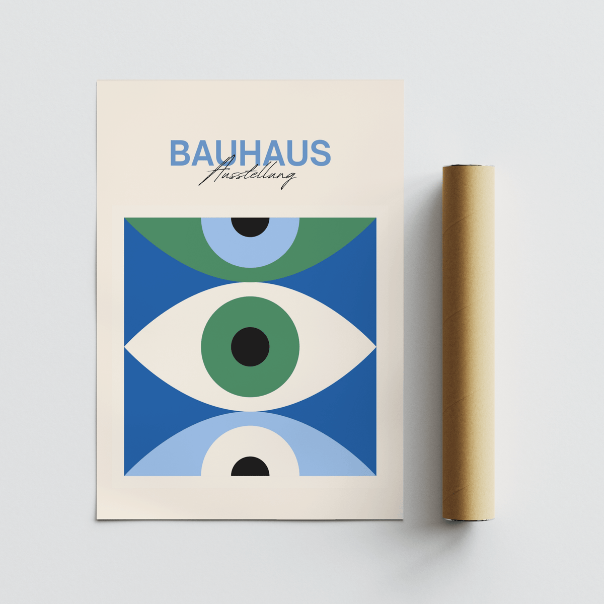 Eye Art Print with blue green and black abstract eye shapes next to a brown packaging tube