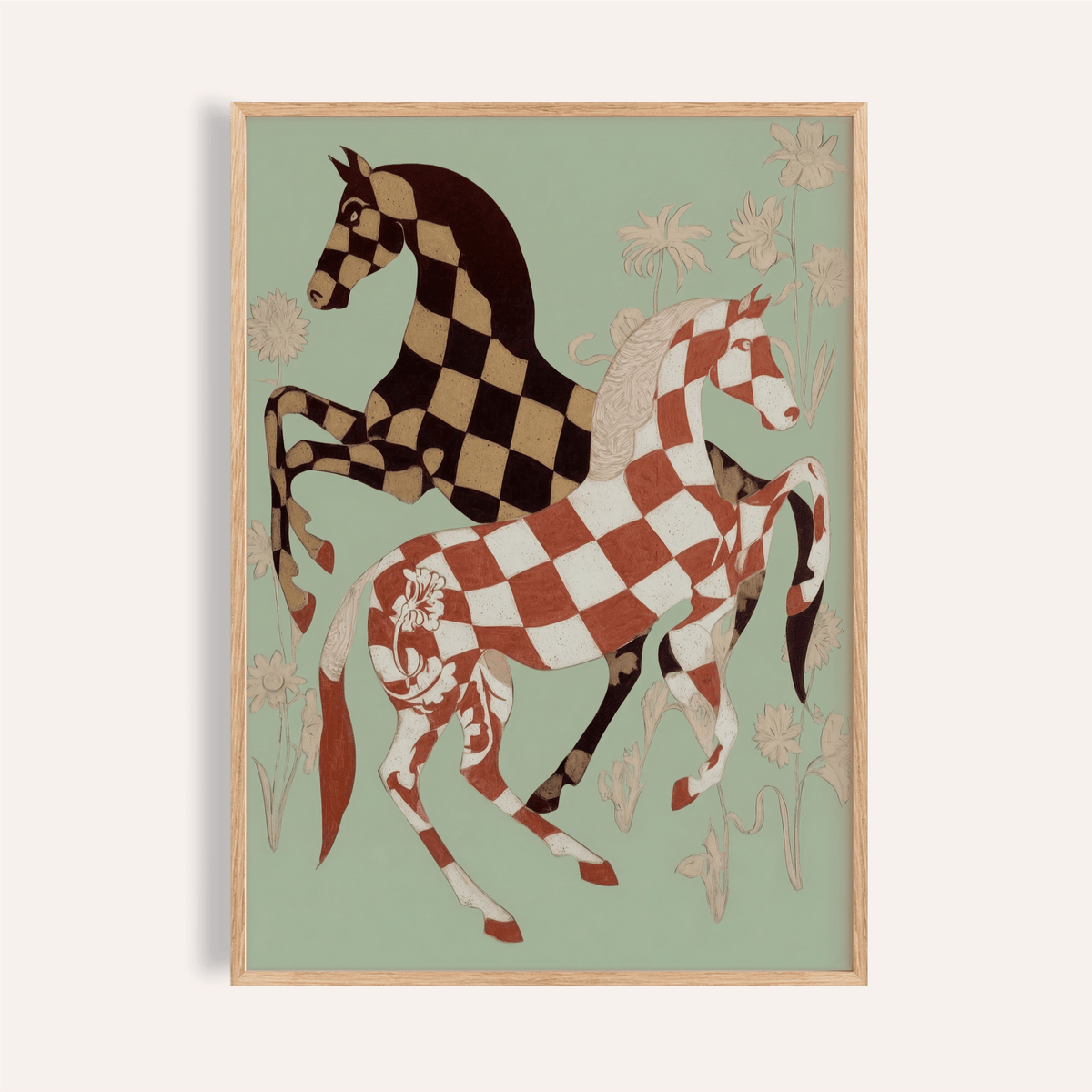 Front view of Vintage Horse Art Print poster with two checkered horses and floral line drawings
