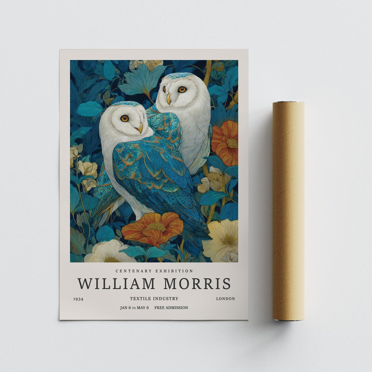 Wall Art Unique print of two barn owls with blue and orange floral detail rolled next to packaging tube