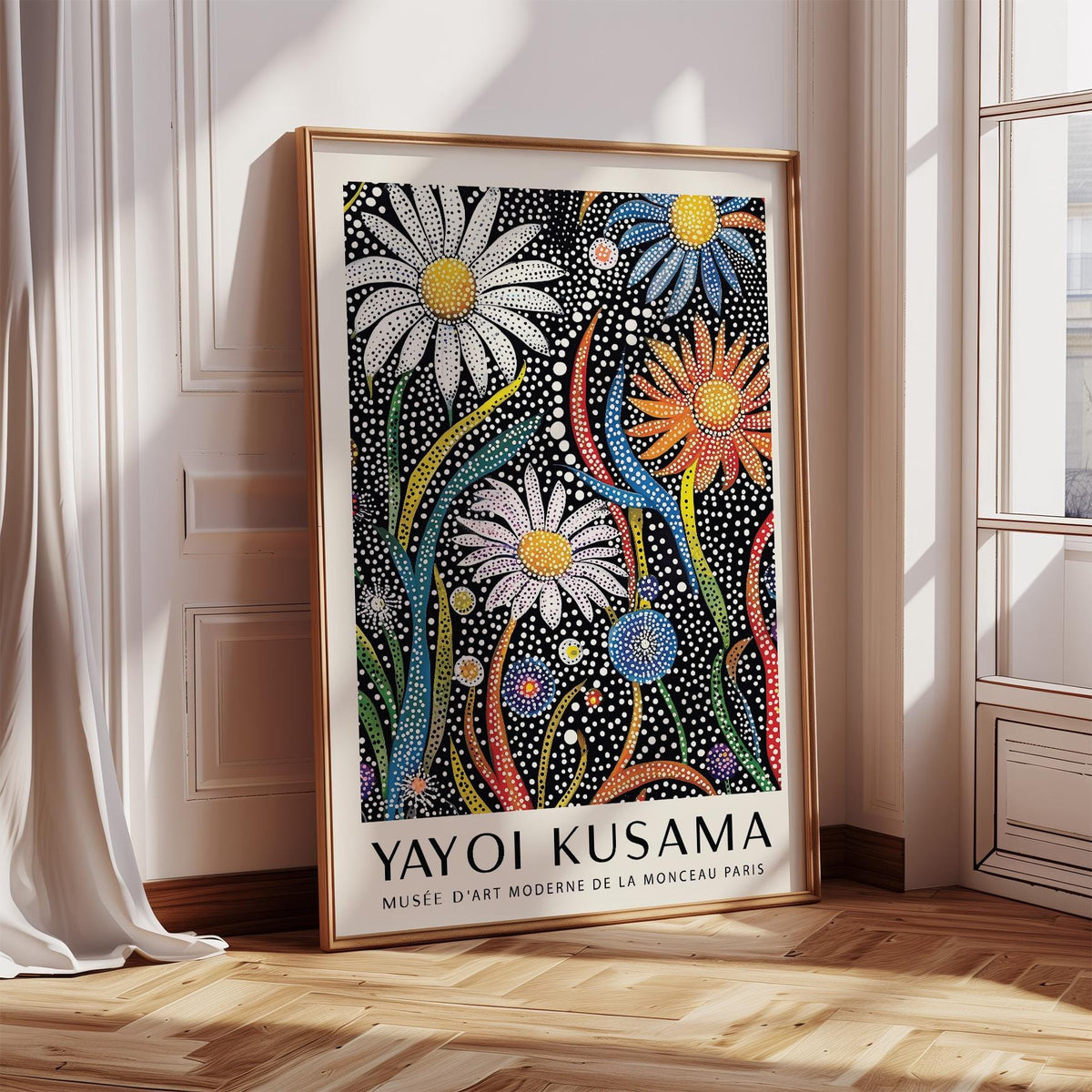 Flower Print for Framing leaning against a wall with a gold frame and wooden floor sunlight coming through window