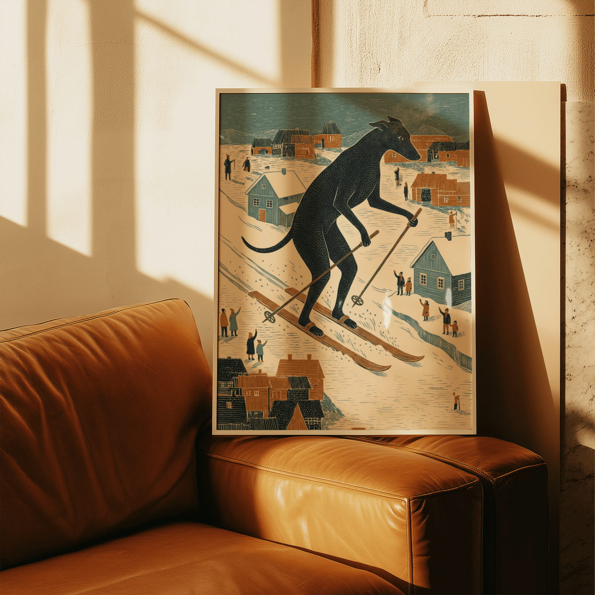 Skiing Dog Art Print leaning on a leather sofa with sunlit wall behind