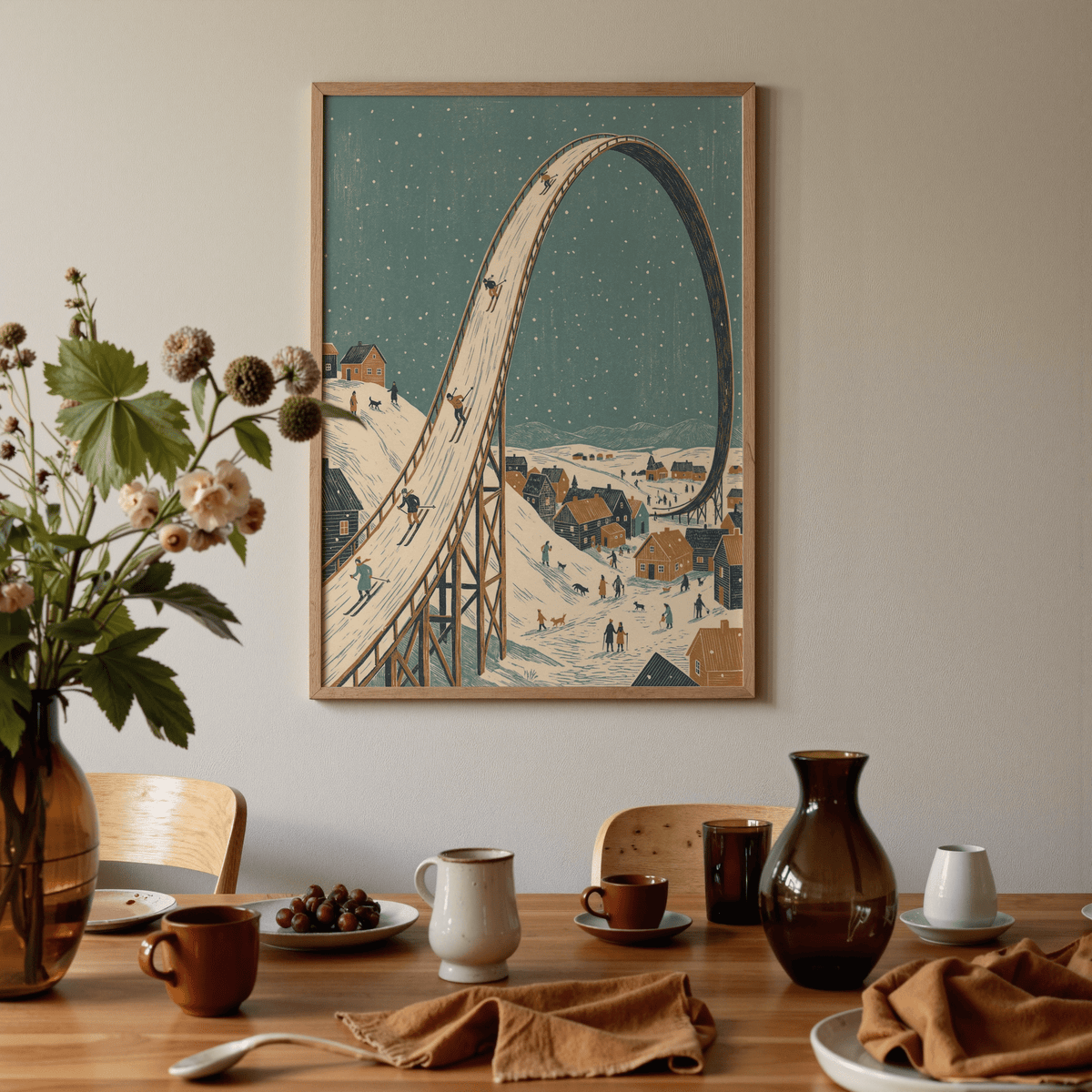 Winter Skiing Art Print of a vintage style ski slope loop above a village in a dining room with tableware