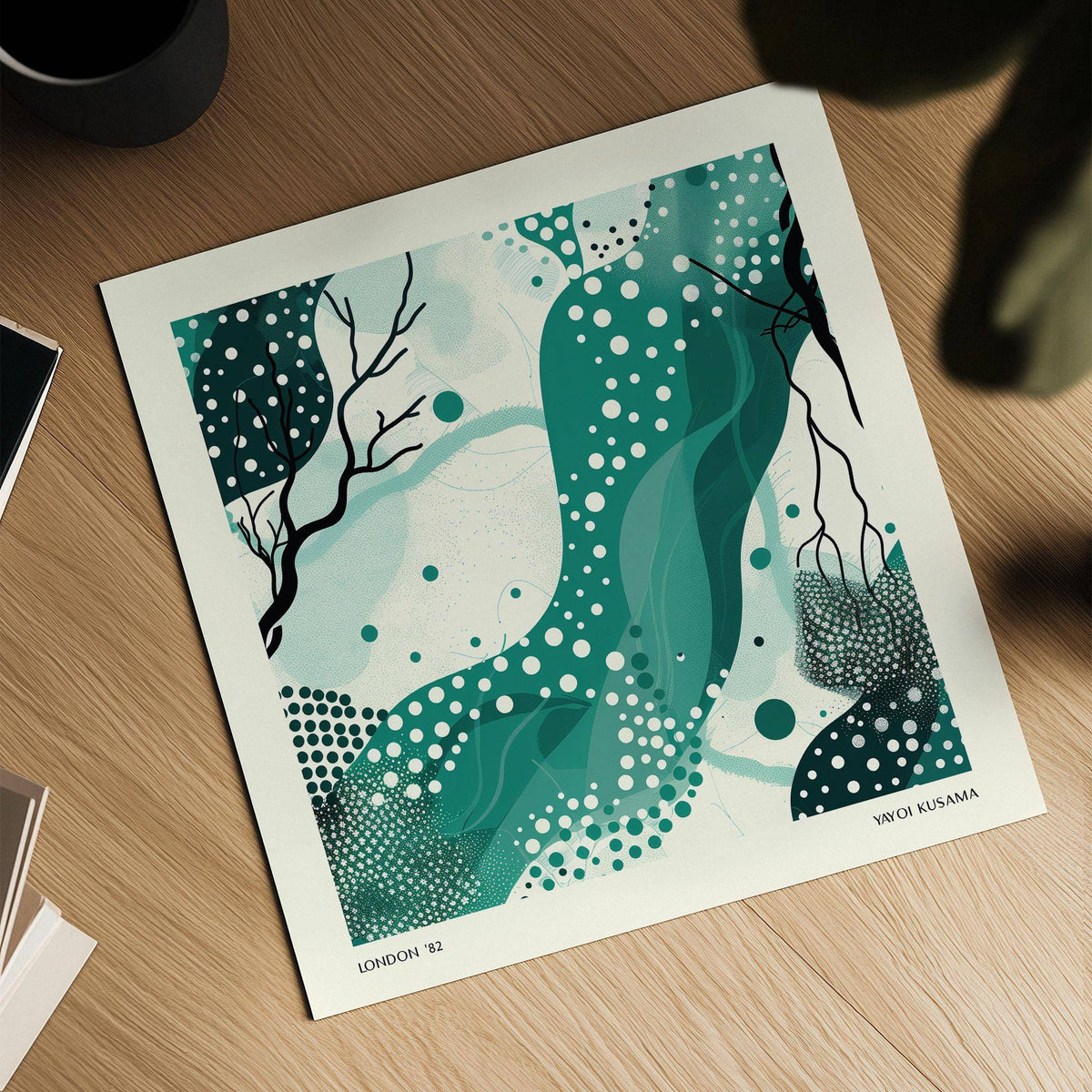 Abstract green shapes with white dots on a flat print lying on a wooden surface with nearby books