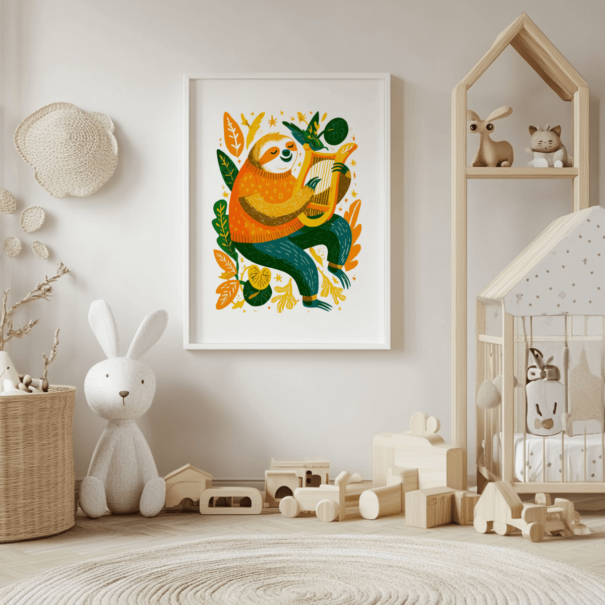 Sloth Art Print on a wall in a nursery with soft toys and wooden toys around