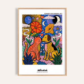 Framed Colorful Animal Art Print of a cat and dog in pop-art style with hearts and flowers