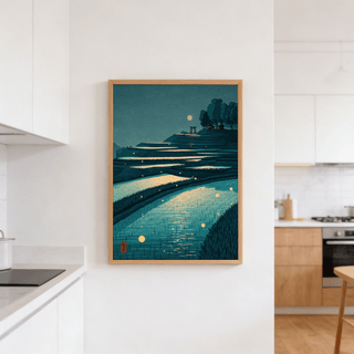 Tranquil Rice Field Poster framed print in a kitchen with white cabinets and wooden details