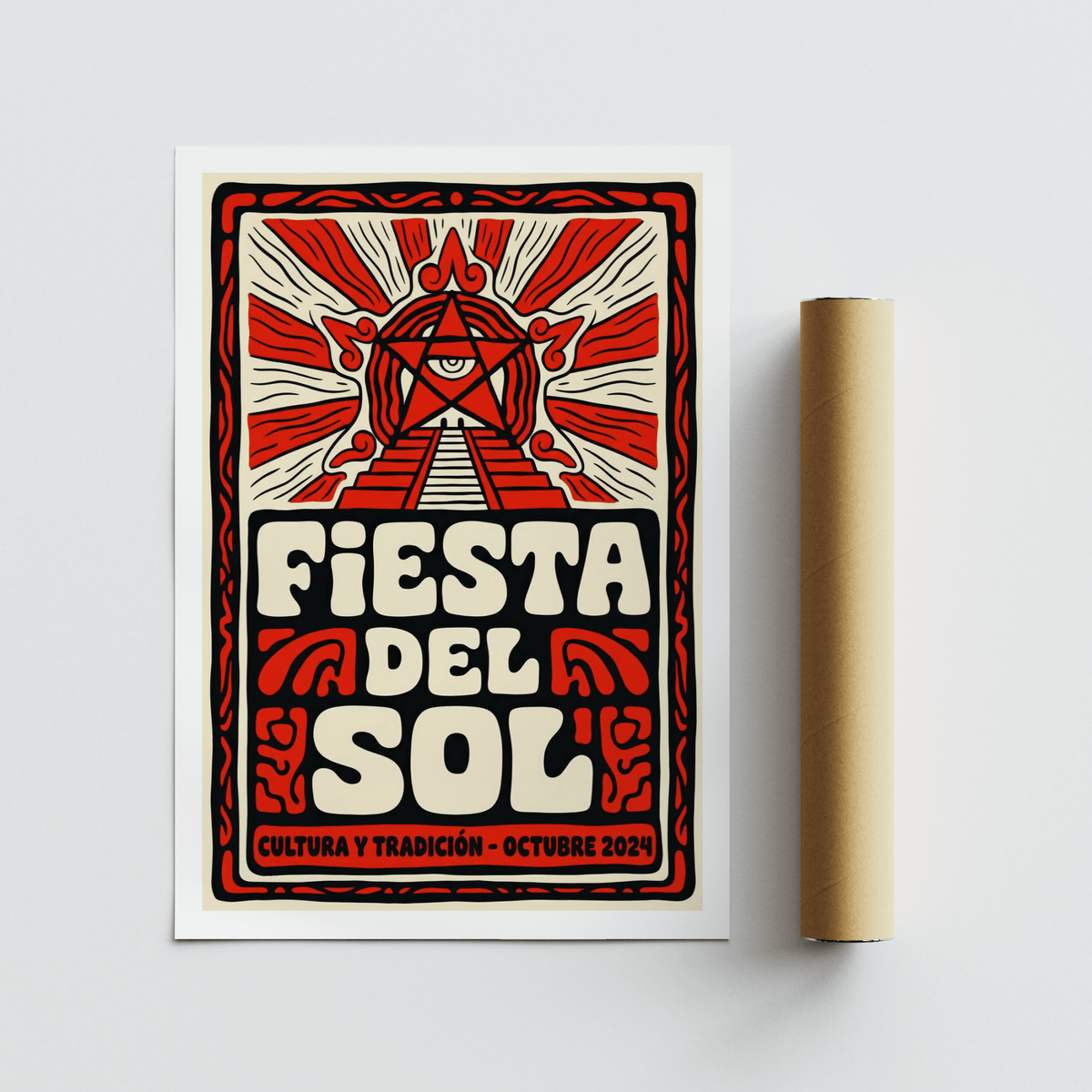 Fiesta Del Sol art print with red and cream folk-art design beside a packaging tube