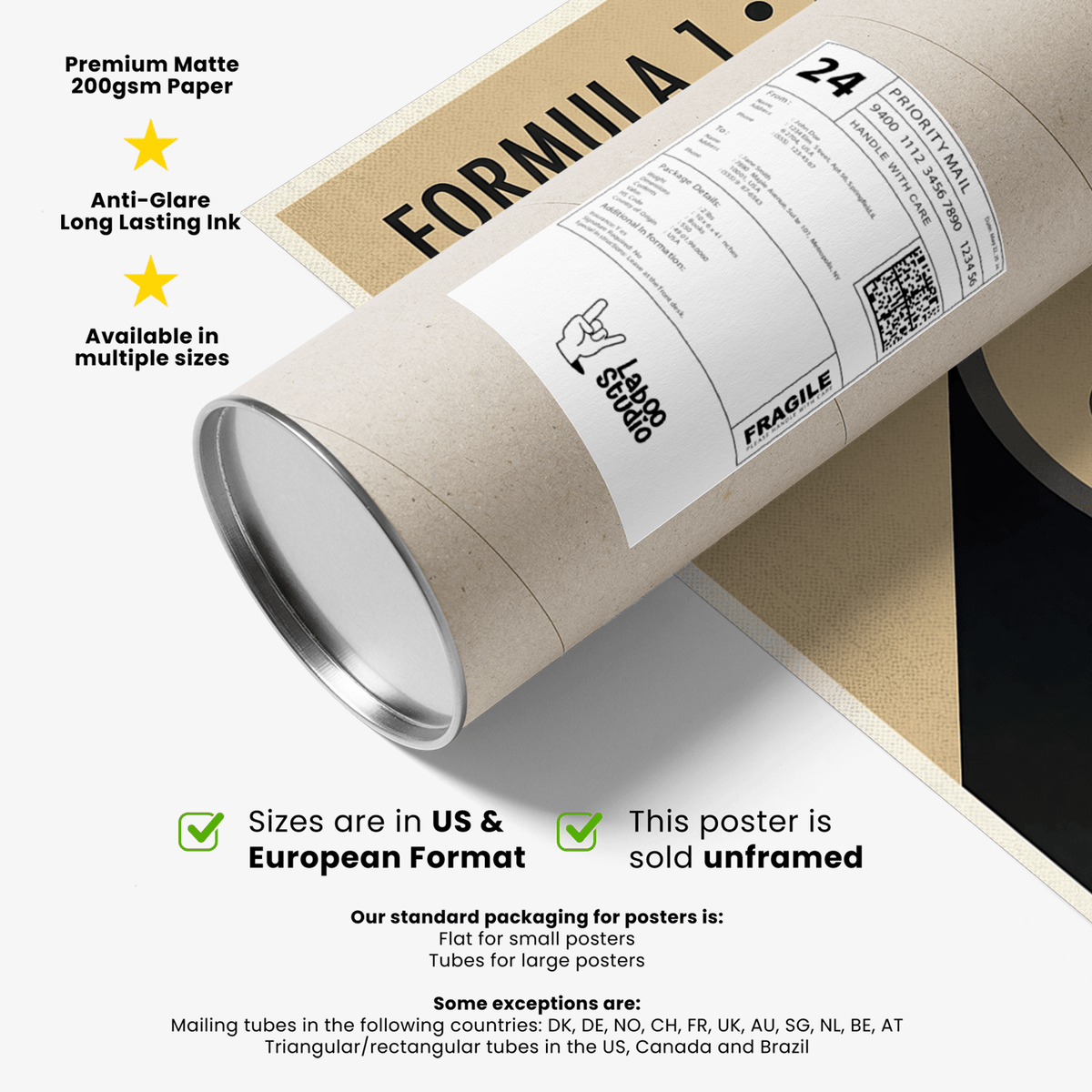 Packaging tube with label on beige and black poster showing Sao Paulo Race Circuit Diagram Poster