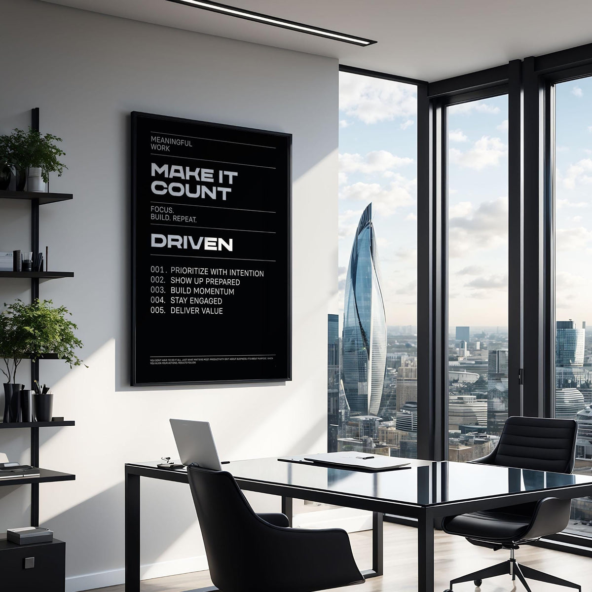 Mindset wall art with motivational text in black and white in an office with modern furniture and large windows