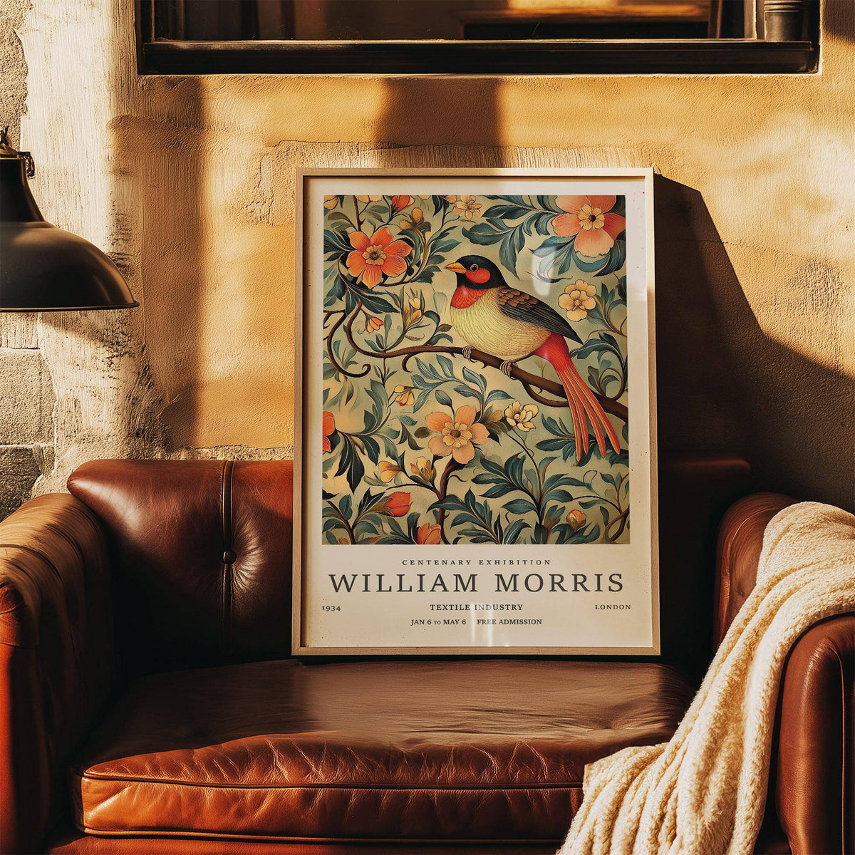 Bird vintage prints framed print of a songbird illustration with orange flowers above a leather sofa