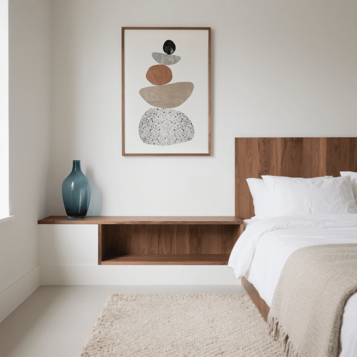 Modern Pebble Print in a bedroom scene with beige and brown tones and a blue vase on a wooden shelf