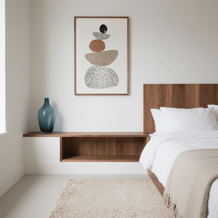 Modern Pebble Print in a bedroom scene with beige and brown tones and a blue vase on a wooden shelf