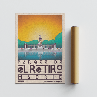 Madrid Landscape Poster leaning beside a brown packaging tube with orange and teal tones