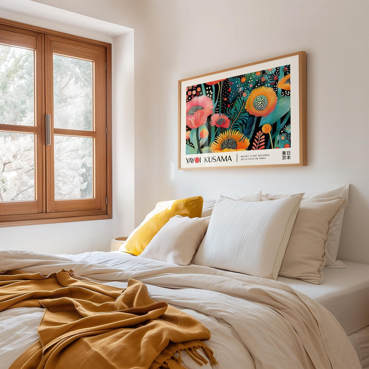 Floral wall art with kaleidoscope flowers in bright colours above a white bed with mustard throw in a bedroom