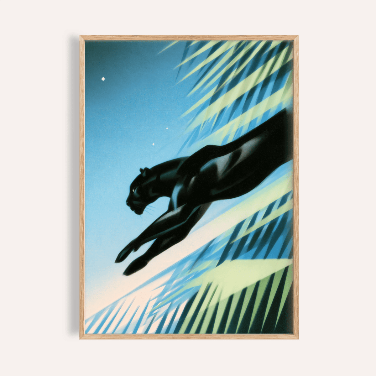 Framed Art Deco Black Panther print of a leaping black panther with blue and green leaves