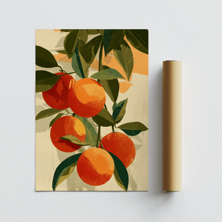 Fruit art print of orange branches shown flat next to a brown packaging tube