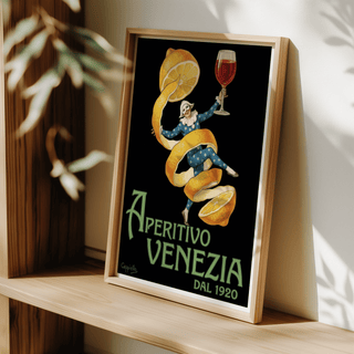 Framed print of a vintage apricot peel dancer holding a wine glass leaning on a wooden shelf