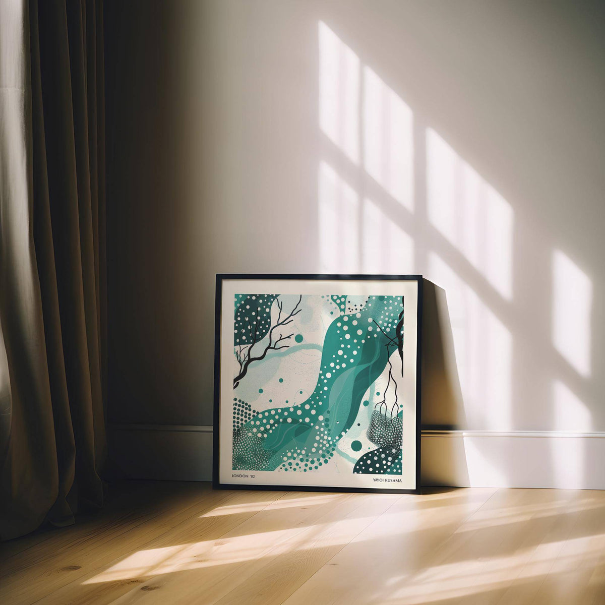 Nature wall art with abstract green shapes and dots leaning on wooden floor near curtain