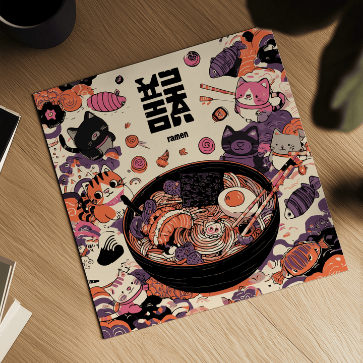 Cat Ramen Print flat print close-up with cartoon cats and ramen bowl on a wooden table with a plant shadow