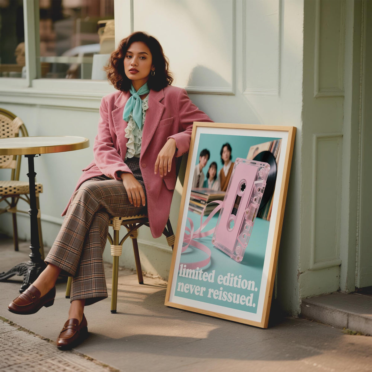 Poster Vintage Music leaning on a wall showing a pink cassette tape with blue background beside a café table
