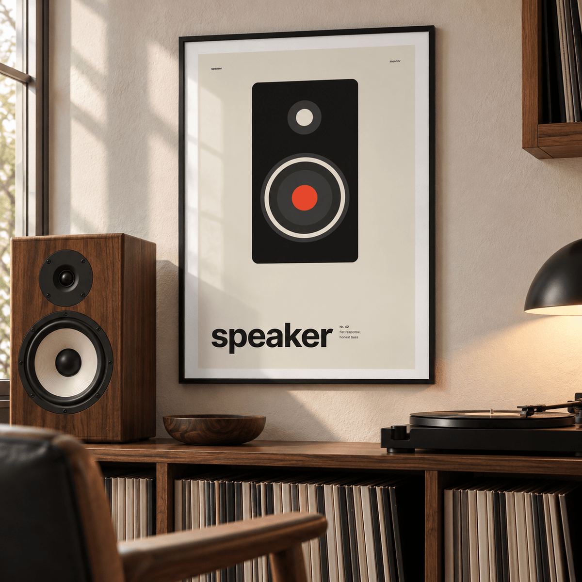 Studio speaker with red cone print in a music practice corner