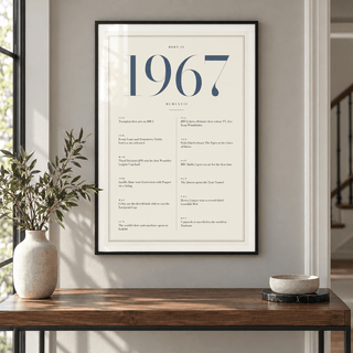 Cream and slate blue 1967 birth year print in a calm room setting