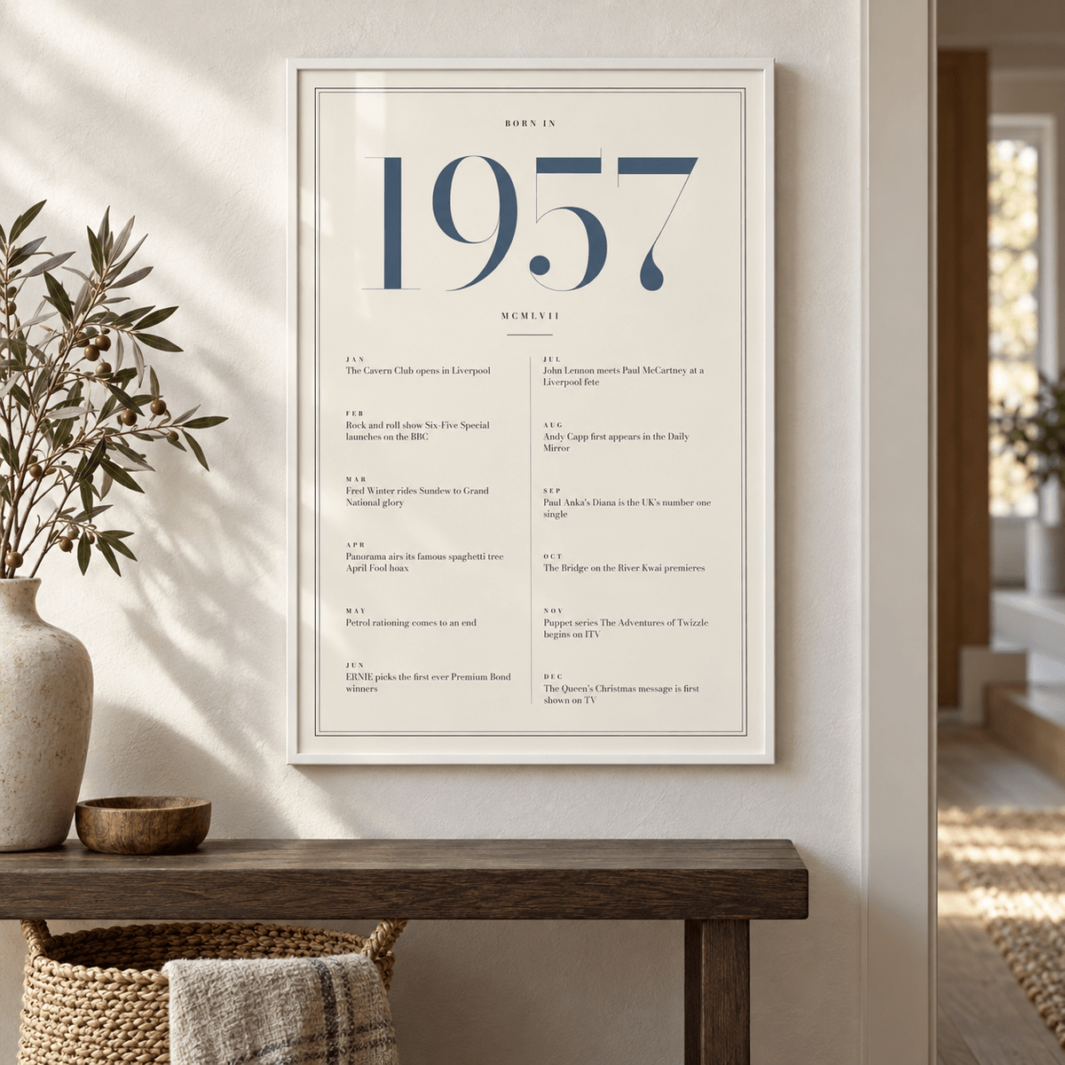 Cream and slate blue 1957 birth year print in a calm room setting