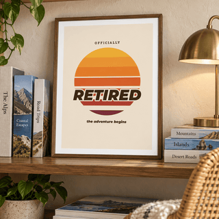 Striped orange sunset print beside a bookcase in a living room