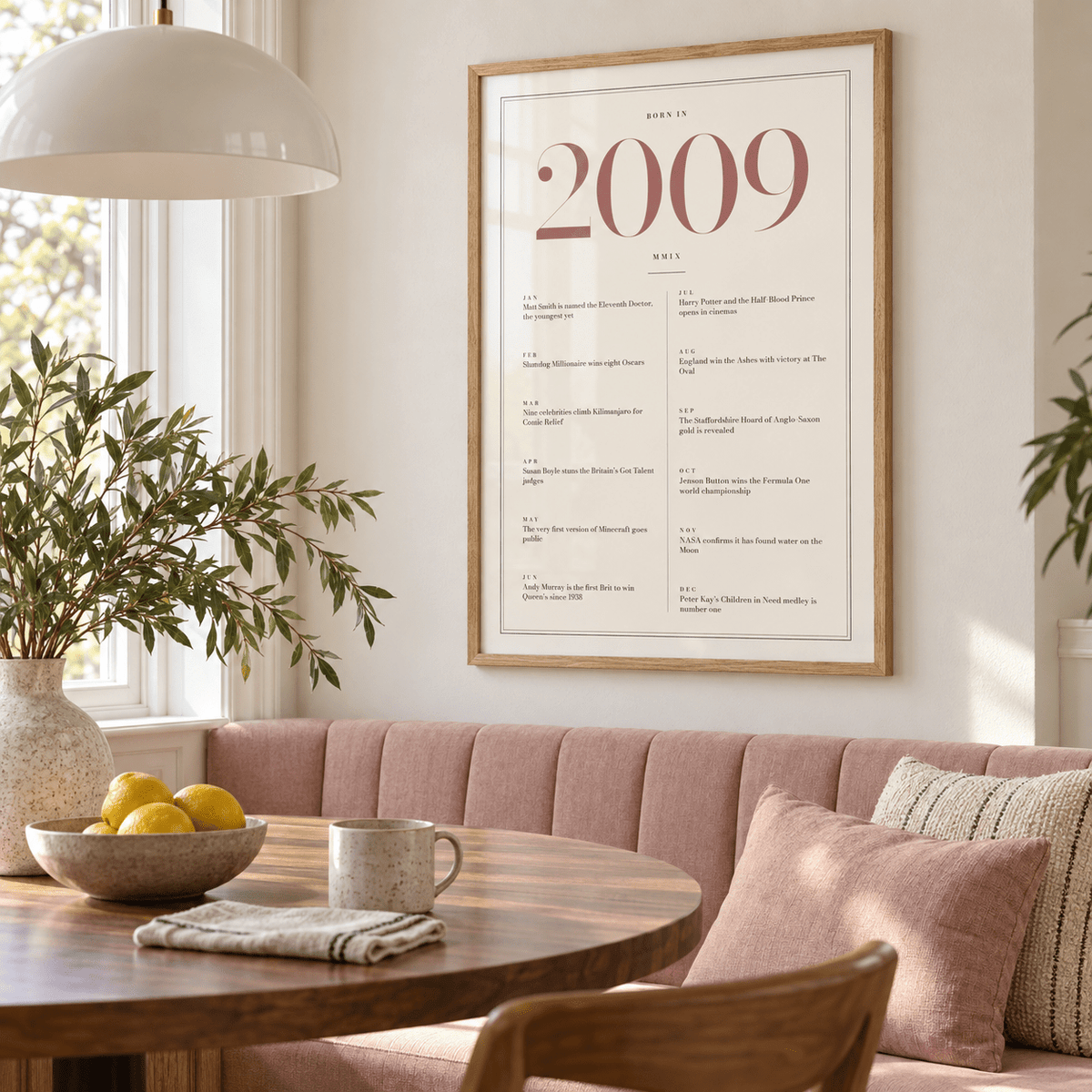 Cream and dusty rose 2009 birth year print in a calm room setting