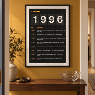 Arrivals board print with 1996 on flap tiles in a calm room setting