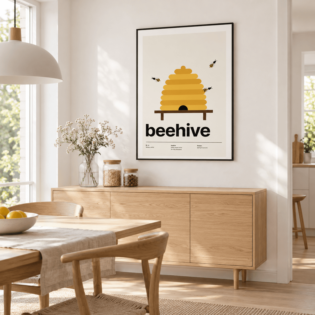 Golden straw skep on a stand above a wooden sideboard in a dining room