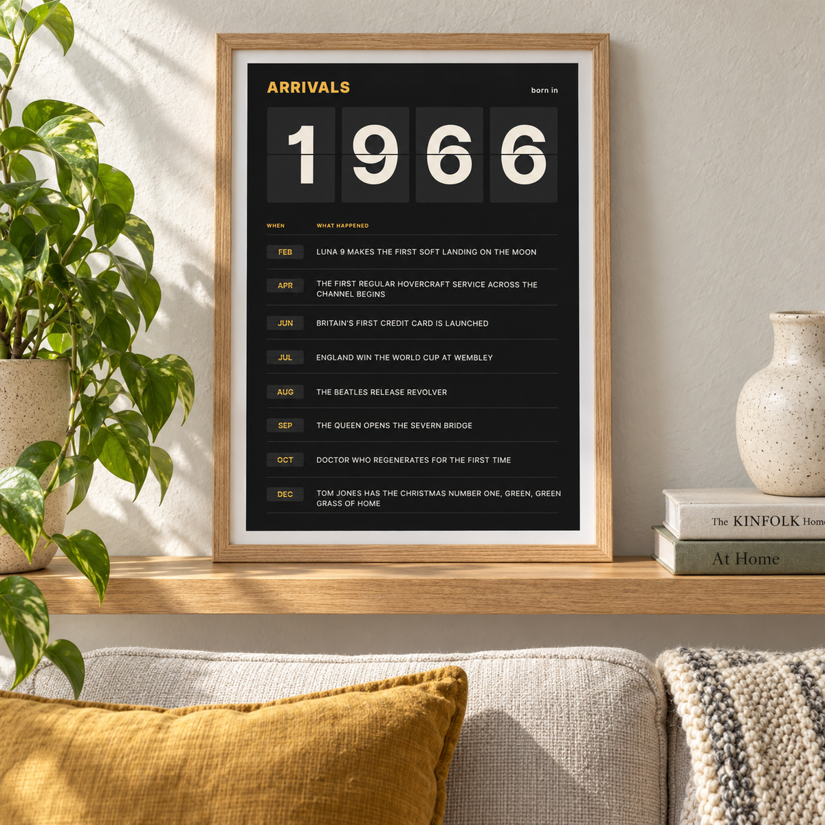 Arrivals board print with 1966 on flap tiles in a calm room setting