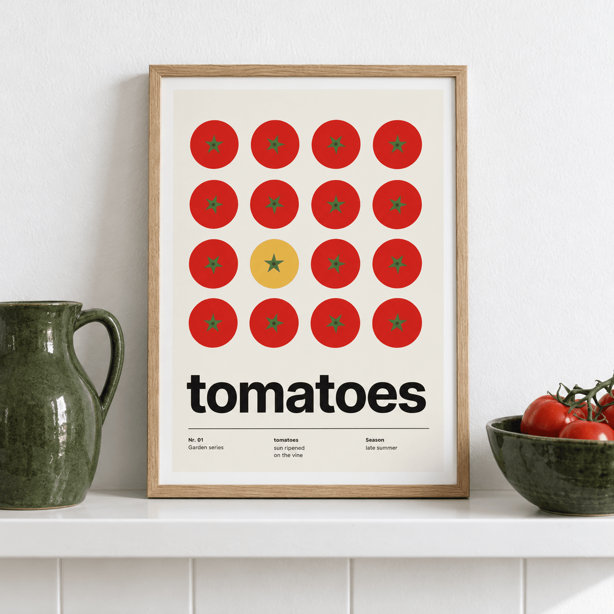 Grid of red tomatoes from above leaning on a ledge in a bright kitchen