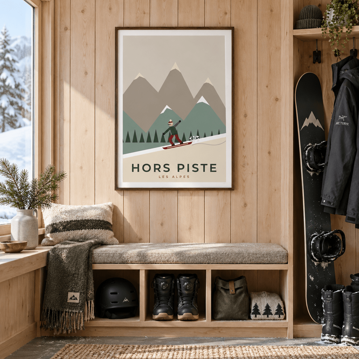 Alpine snowboarding print in a mudroom at Christmas