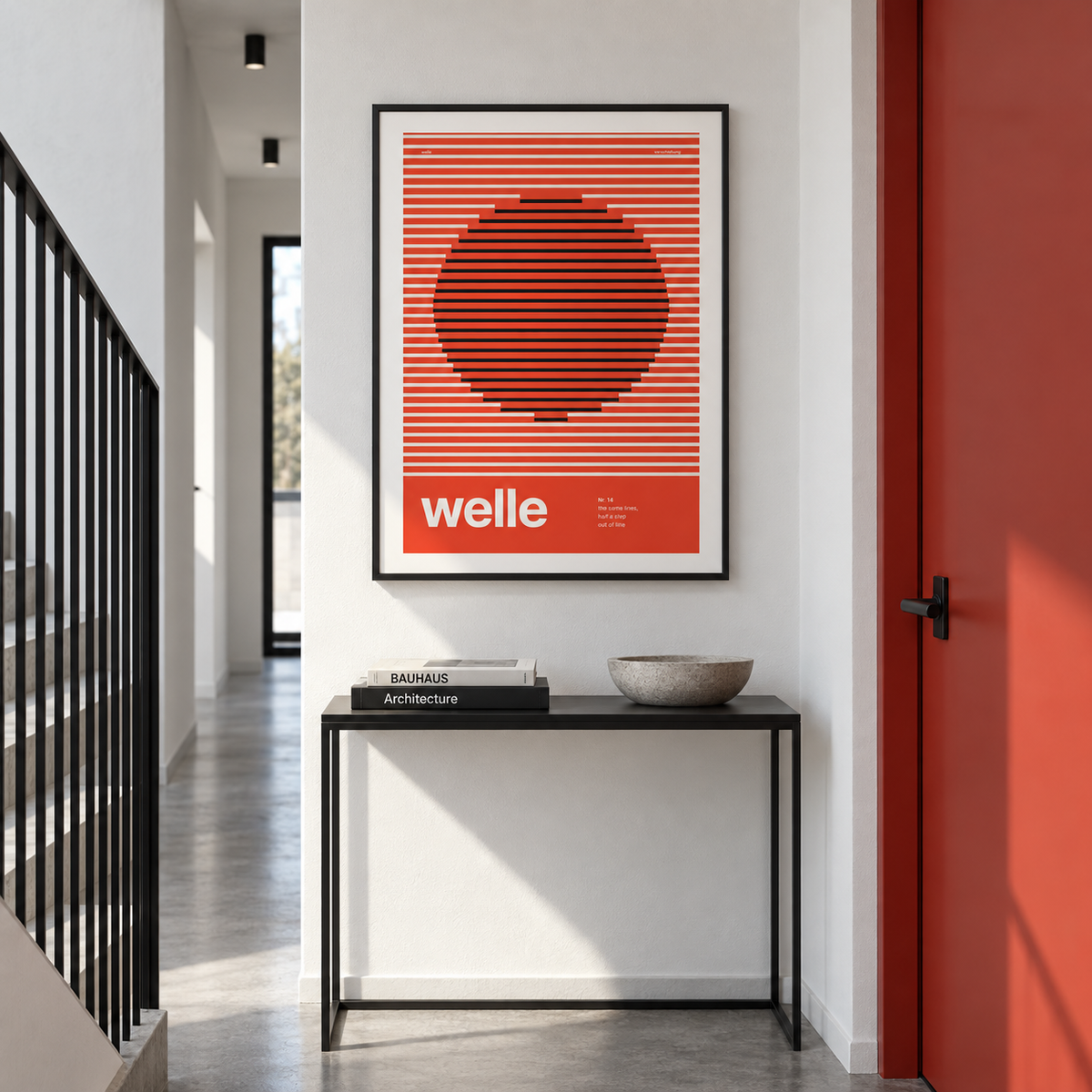 Op art circle in red stripes print above a console table in a hallway