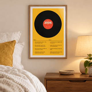 Black vinyl record print with a 2005 label in a calm room setting