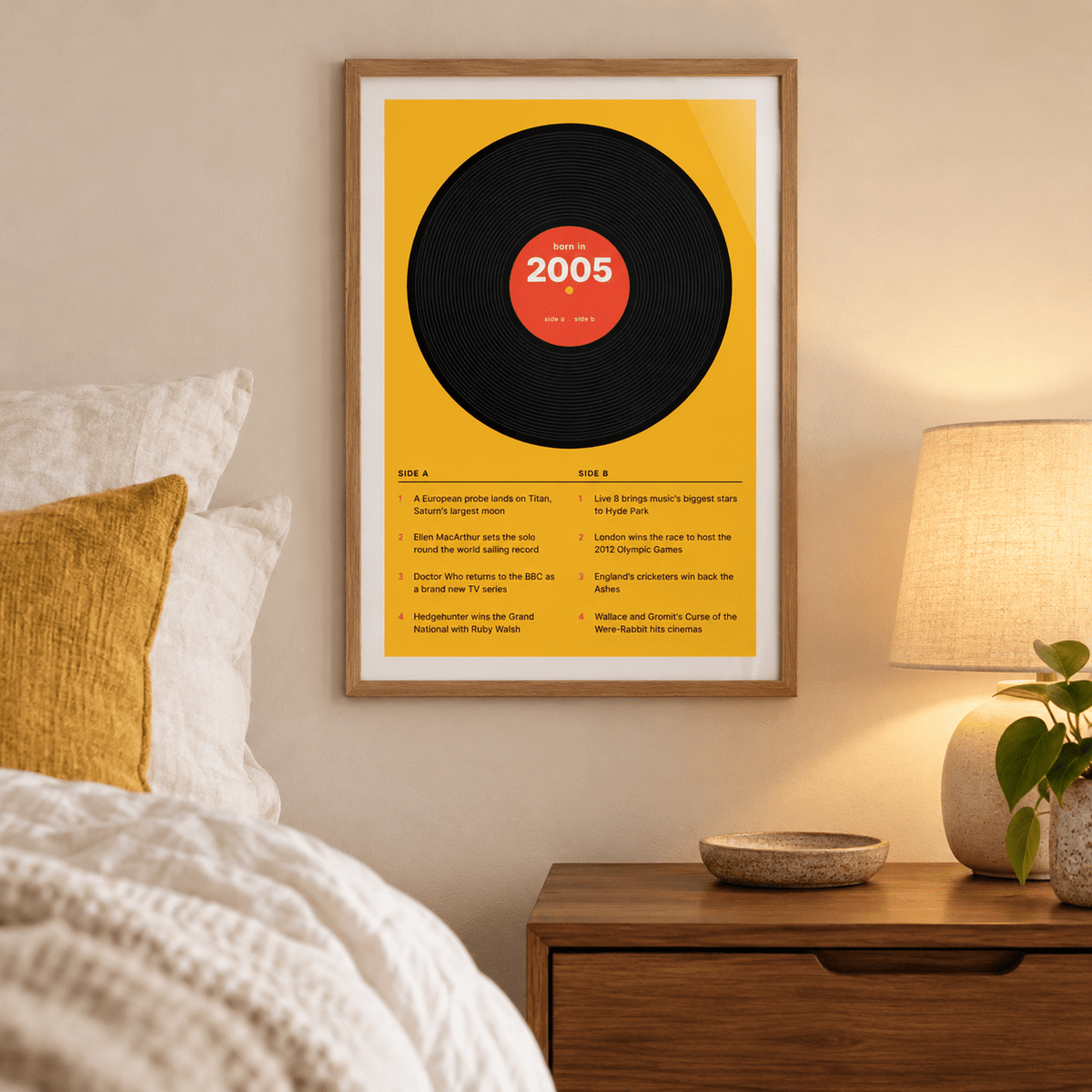 Black vinyl record print with a 2005 label in a calm room setting