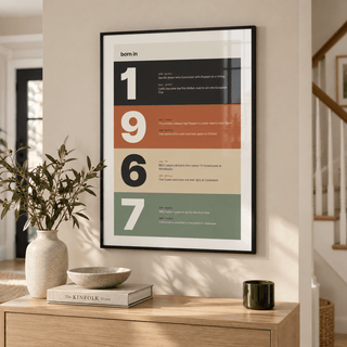 Charcoal terracotta sand and sage 1967 print in a calm room setting