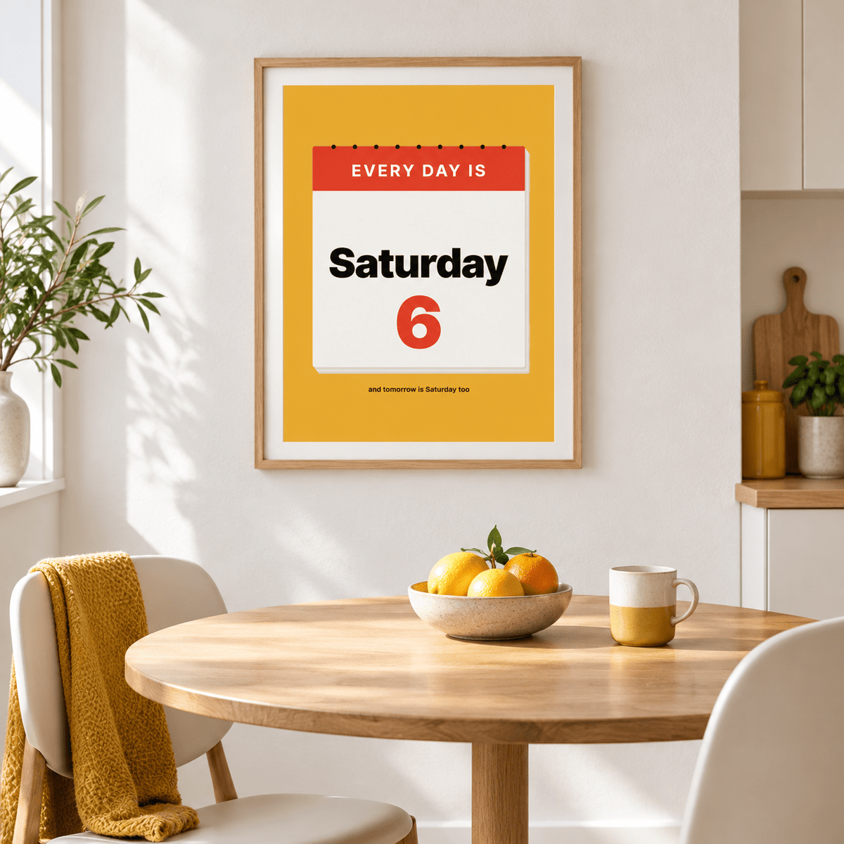 Tear off calendar retirement print above a dining table in a dining room