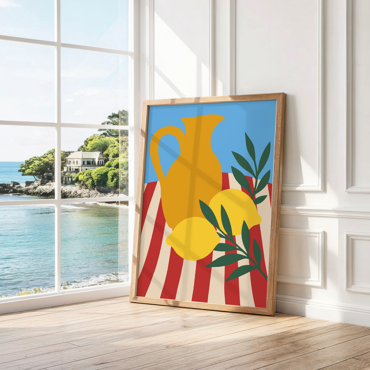 Mustard jug on a striped cloth leaning by a bright window with a sea view